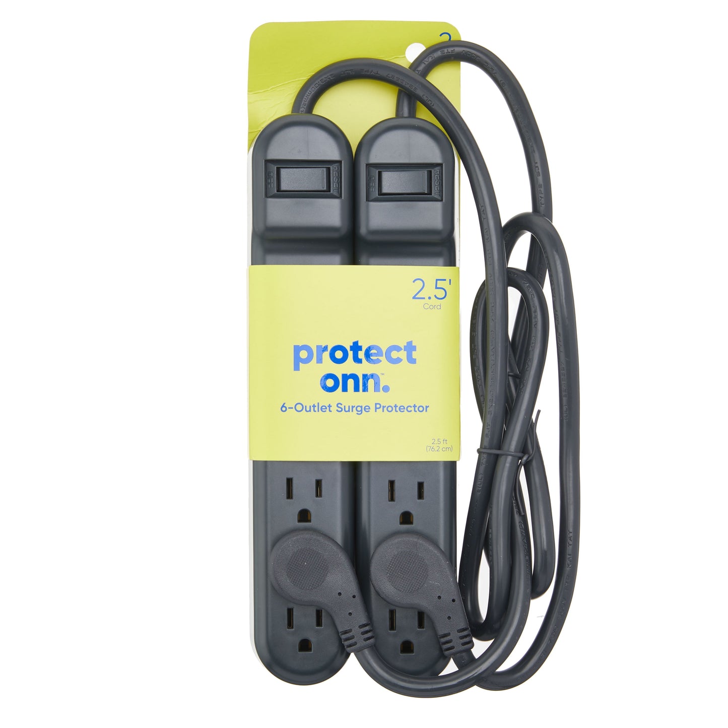 onn 6-Outlet Surge Protectors with 2.5' Power Cords, Gray, 2 Count