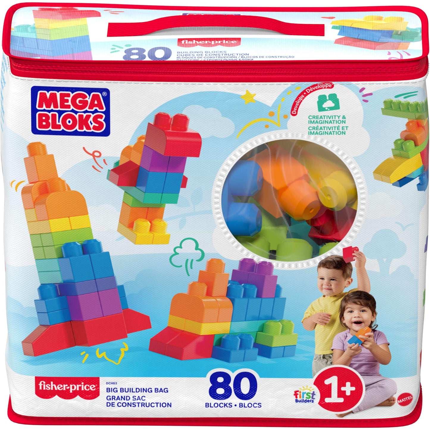 MEGA BLOKS Fisher-Price Toy Blocks Blue Big Building Bag with Storage (80 Pieces) for Toddler