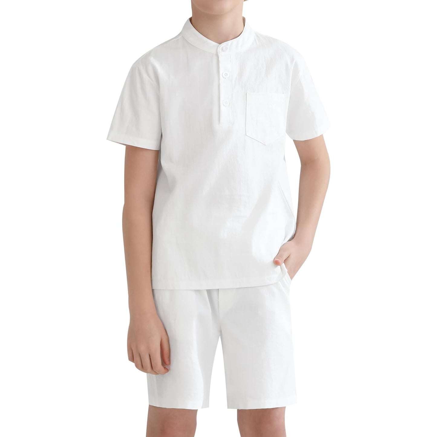 Weixinbuy Boys 2 Piece Summer Shorts Outfits Solid Henley Short Sleeve Shirt Beach Short Suit 5-12 Years Kids Clothes Set