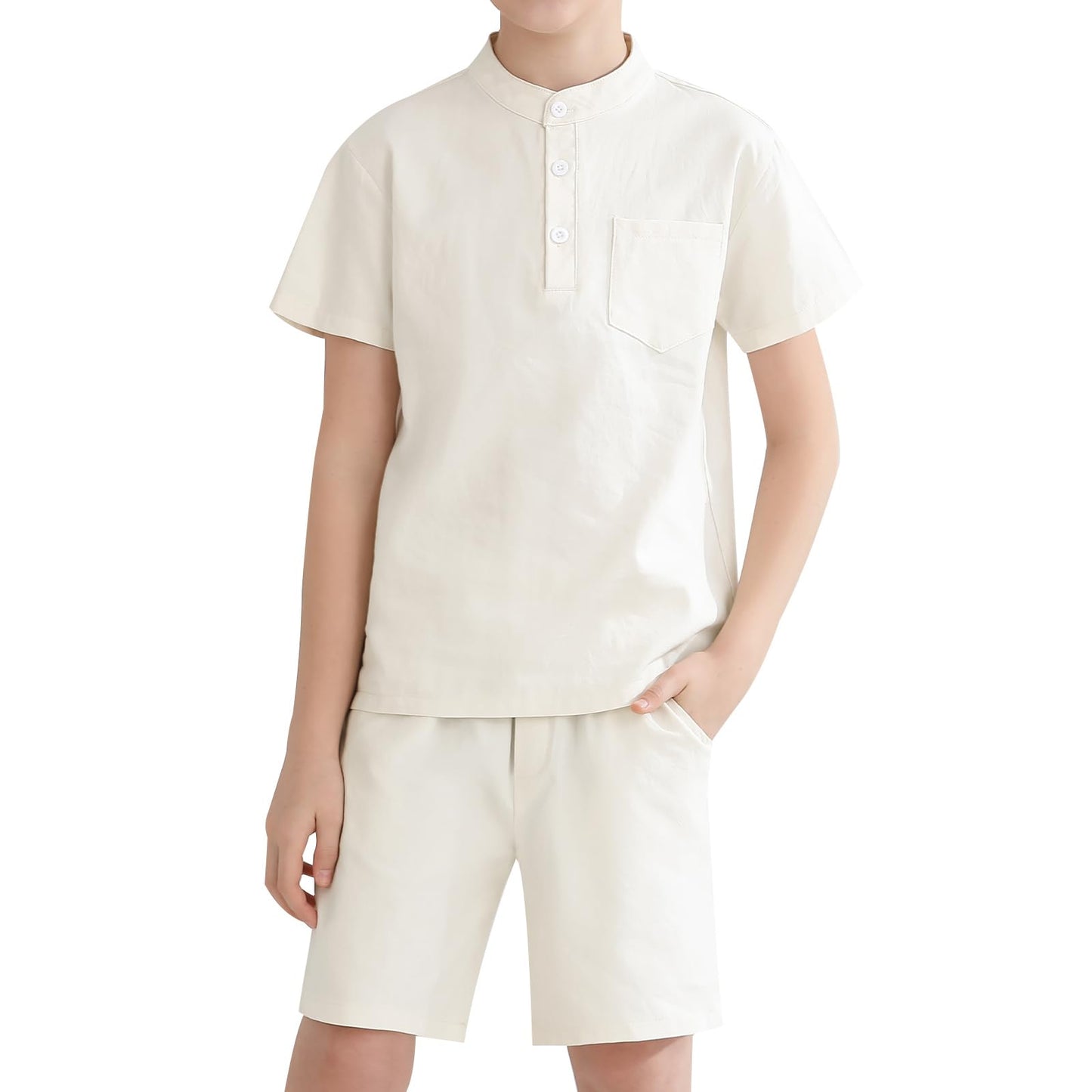 Weixinbuy Boys 2 Piece Summer Shorts Outfits Solid Henley Short Sleeve Shirt Beach Short Suit 5-12 Years Kids Clothes Set