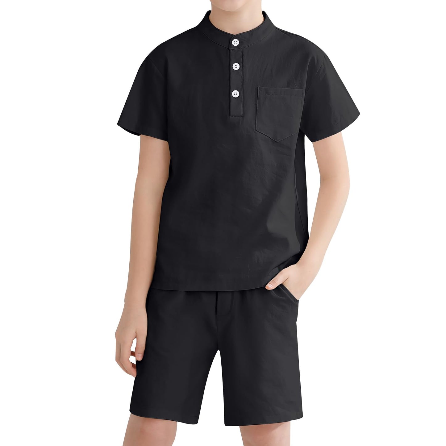 Weixinbuy Boys 2 Piece Summer Shorts Outfits Solid Henley Short Sleeve Shirt Beach Short Suit 5-12 Years Kids Clothes Set