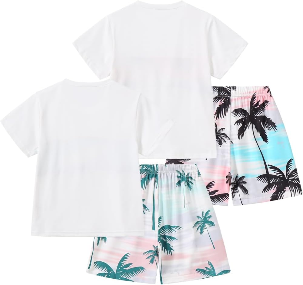 Boy Shorts Sets Summer Hawaii Outfit Palm Print Short Sleeve T-Shirt and Drawstring Cotton Shorts with Pockets
