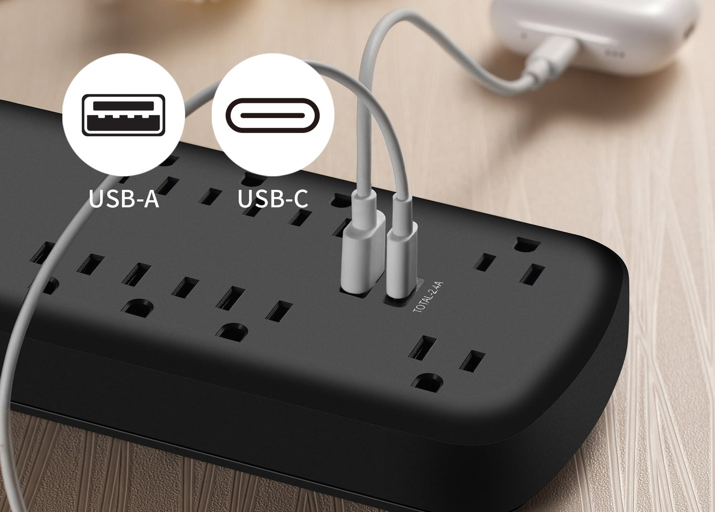 Hyper Tough Surge Protector Power Strip with USB-A, USB-C, 8 Outlets, 10ft Extension Cord, Black