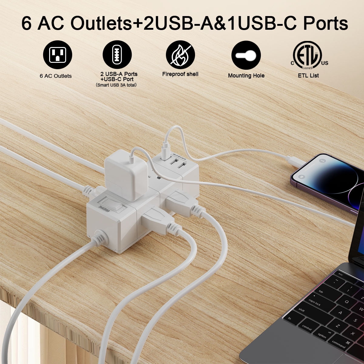 5ft Surge Protector Power Strip - 6 Outlets and 3USB Ports (1 USB C), 3-Sided Outlet Extender for Home, Office, ETL