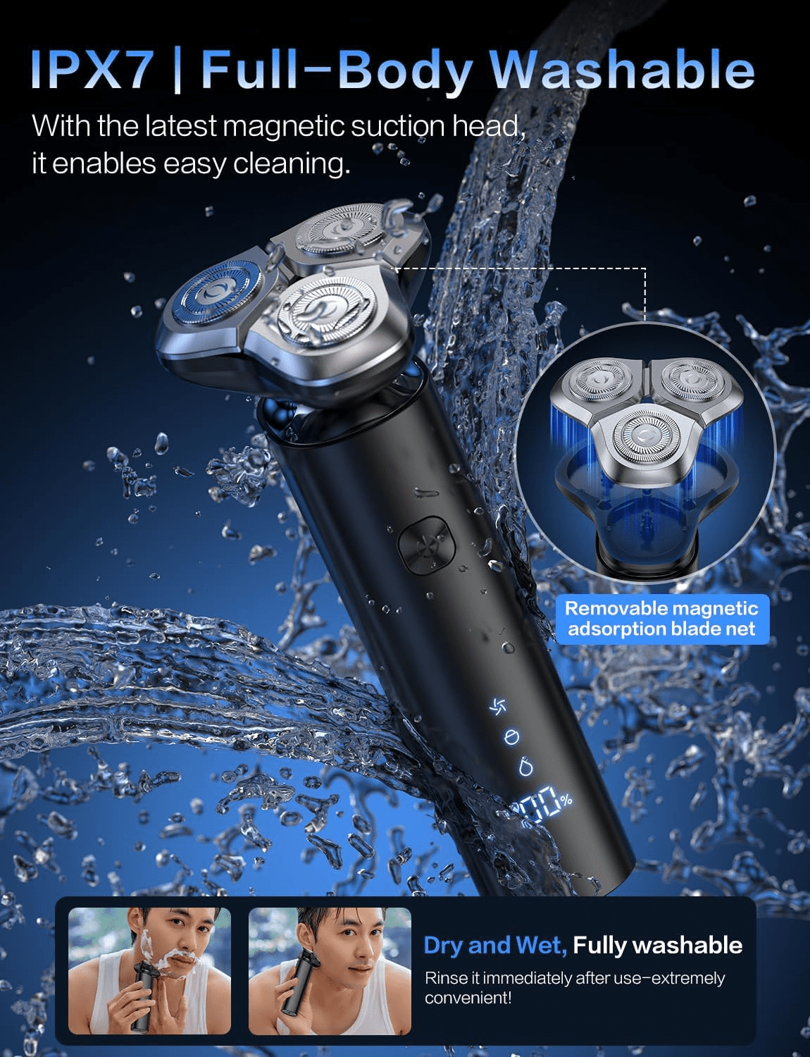 Scootworks Electric Razor for Men, Waterproof Cordless Electric Shaver, Wet Dry Adjustable Speeds Beard Trimmer Grooming Kit with LED Display, Fast Charging