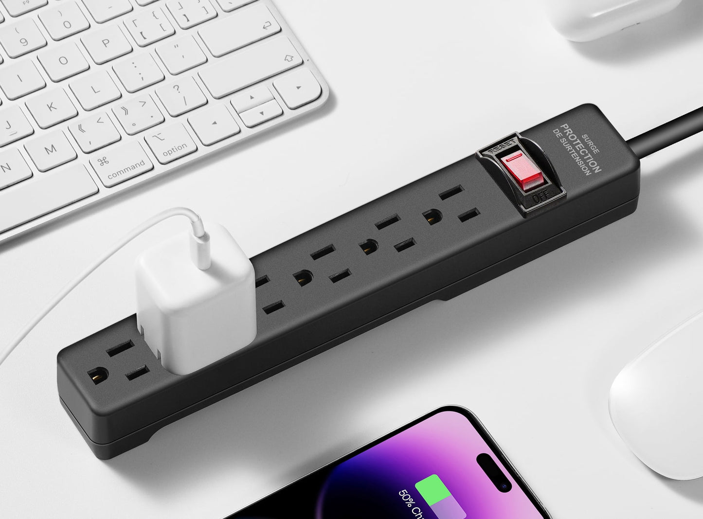 Hyper Tough Surge Protector Power Strip, 6 Outlets, 2.5 ft Extension Cord, 3 Prong, Grounded, Black