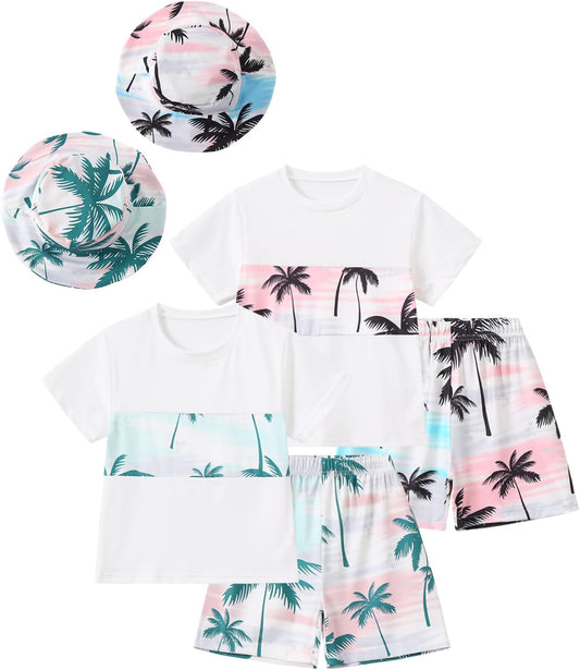 Boy Shorts Sets Summer Hawaii Outfit Palm Print Short Sleeve T-Shirt and Drawstring Cotton Shorts with Pockets
