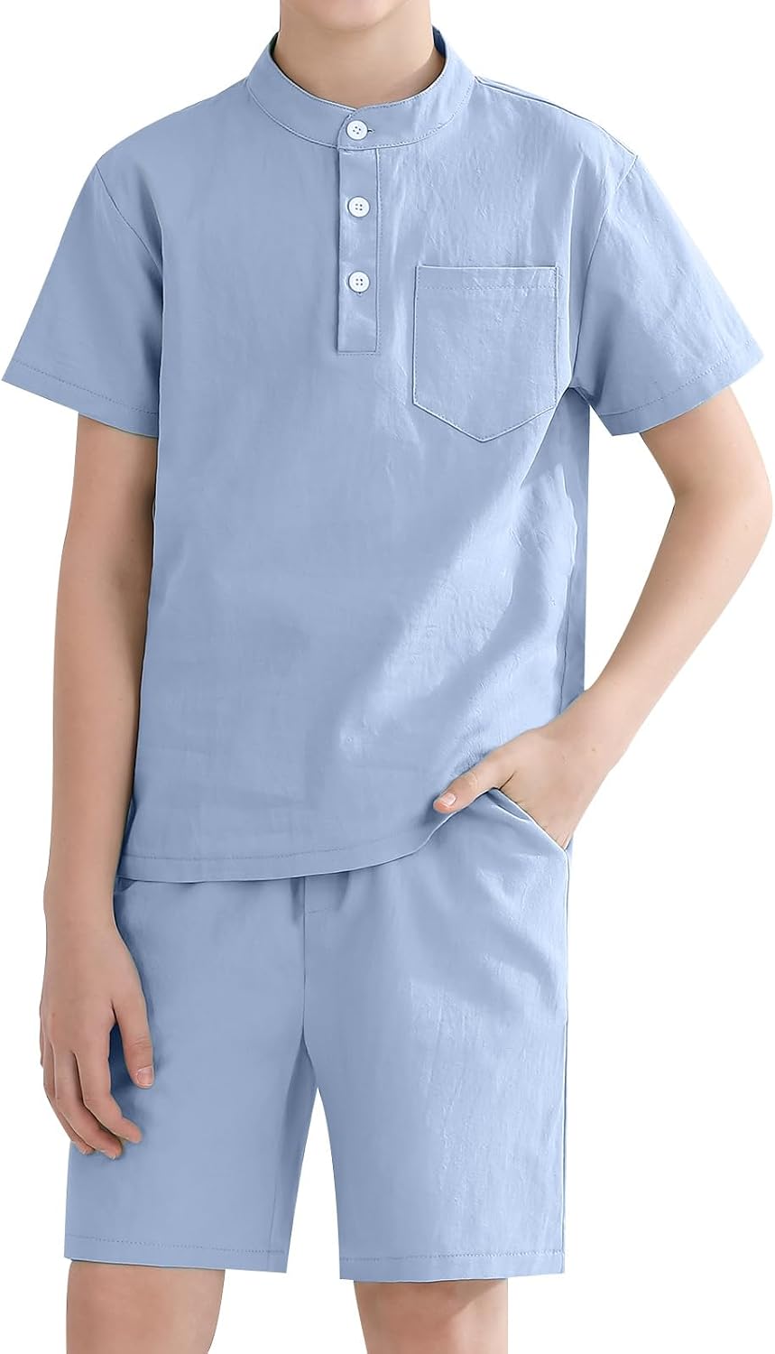 Weixinbuy Boys 2 Piece Summer Shorts Outfits Solid Henley Short Sleeve Shirt Beach Short Suit 5-12 Years Kids Clothes Set
