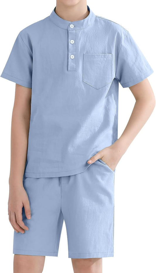 Weixinbuy Boys 2 Piece Summer Shorts Outfits Solid Henley Short Sleeve Shirt Beach Short Suit 5-12 Years Kids Clothes Set
