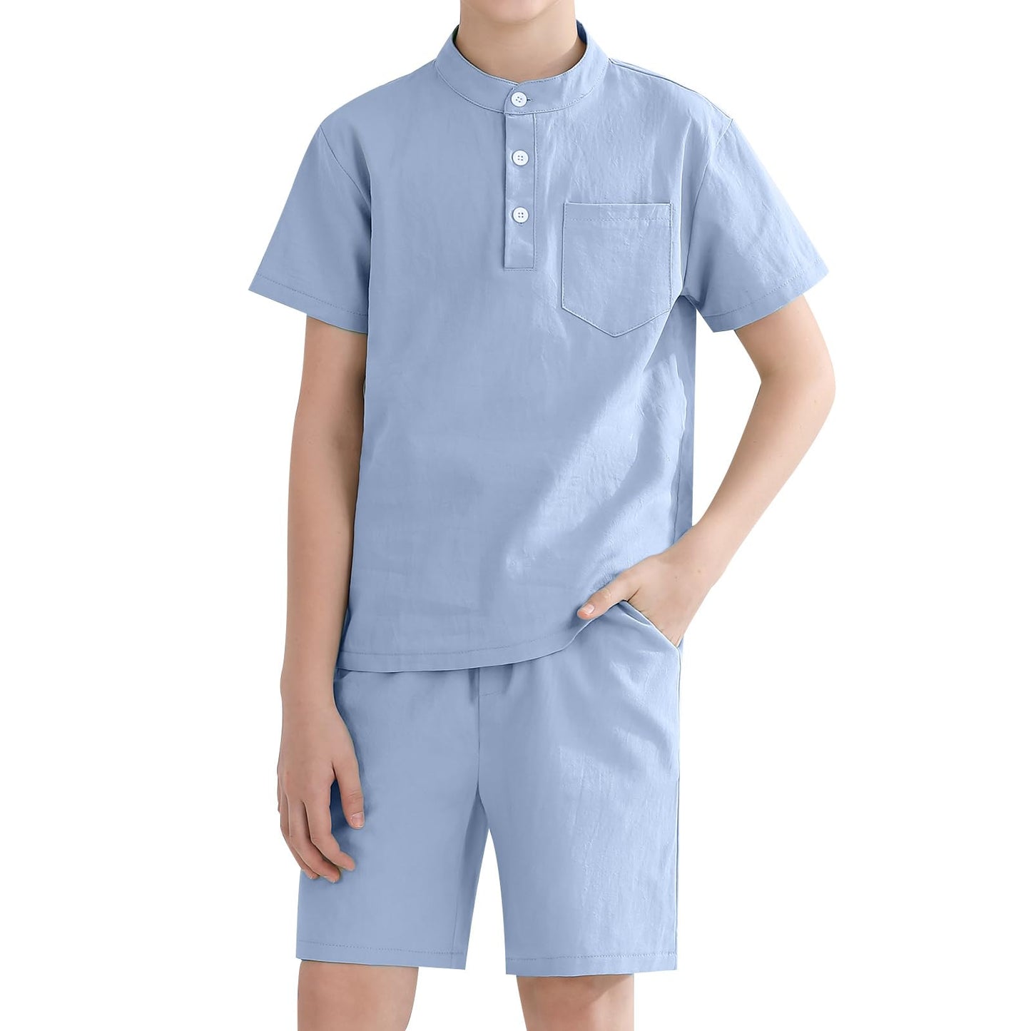 Weixinbuy Boys 2 Piece Summer Shorts Outfits Solid Henley Short Sleeve Shirt Beach Short Suit 5-12 Years Kids Clothes Set