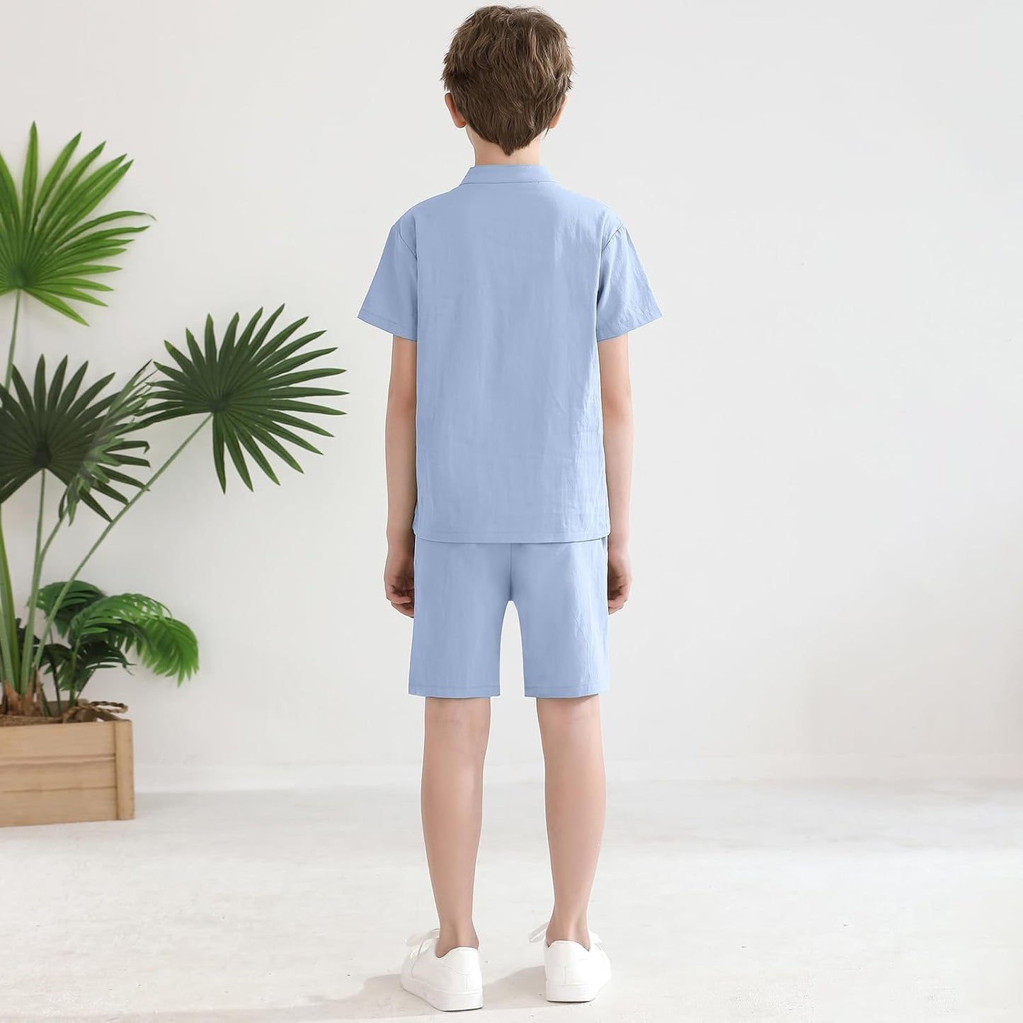 Weixinbuy Boys 2 Piece Summer Shorts Outfits Solid Henley Short Sleeve Shirt Beach Short Suit 5-12 Years Kids Clothes Set