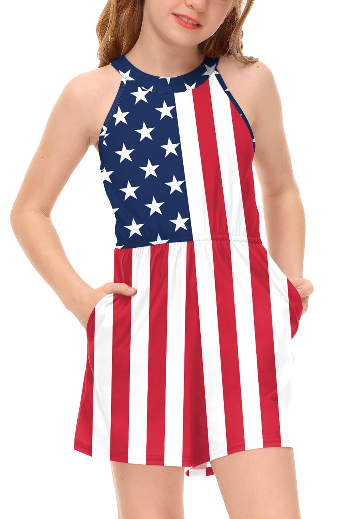 BesserBay Girls Summer Floral Halter Neck Jumpsuits Sleeveless Tropical Short Rompers with Pockets 5-14 Years