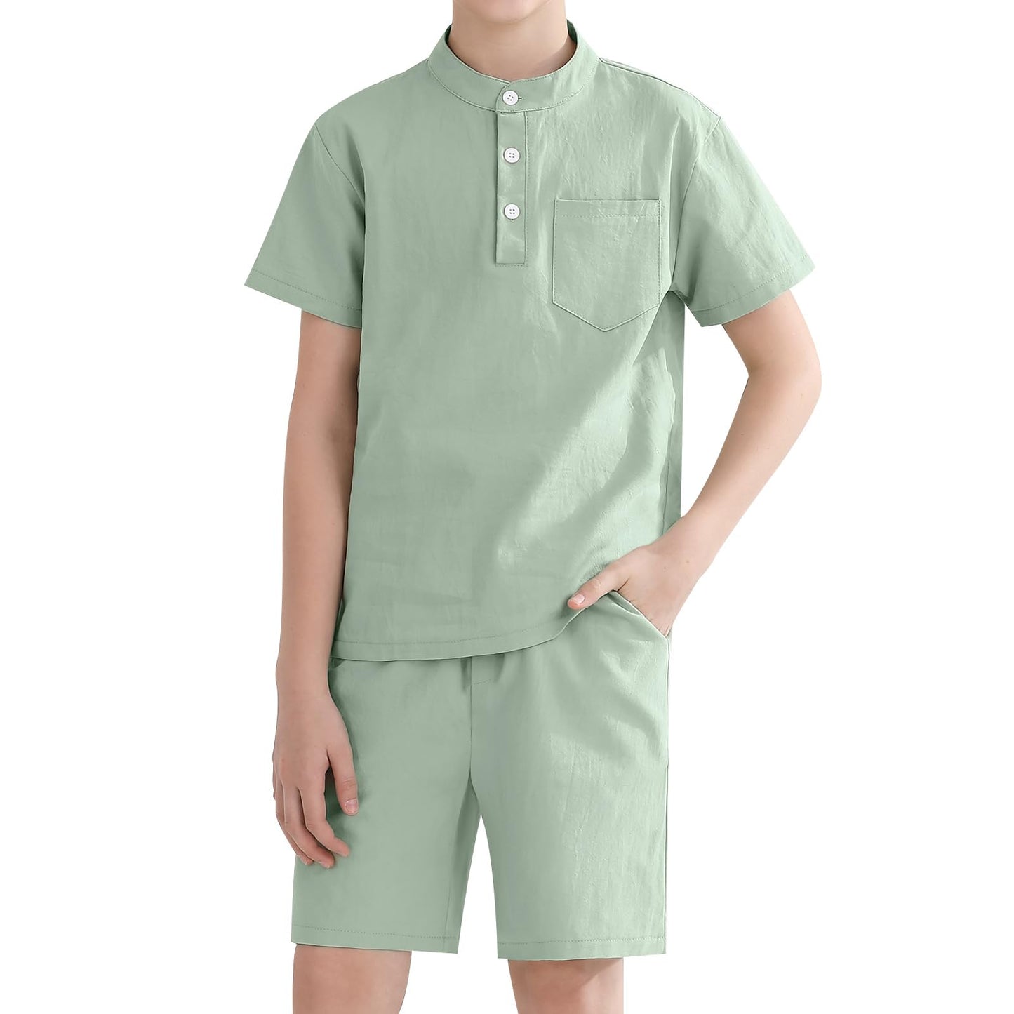 Weixinbuy Boys 2 Piece Summer Shorts Outfits Solid Henley Short Sleeve Shirt Beach Short Suit 5-12 Years Kids Clothes Set