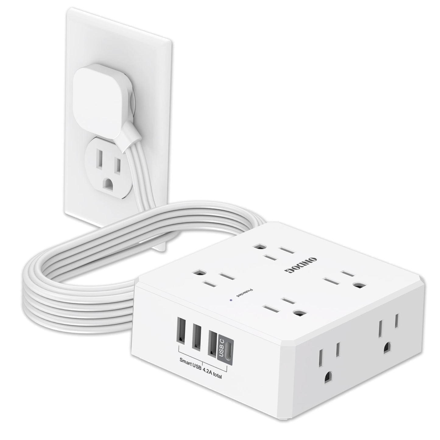 6ft Flat Plug Power Strip - 8 Outlets and 4 USB Ports (1 USB C), Extension Cord for Home Office, Etl
