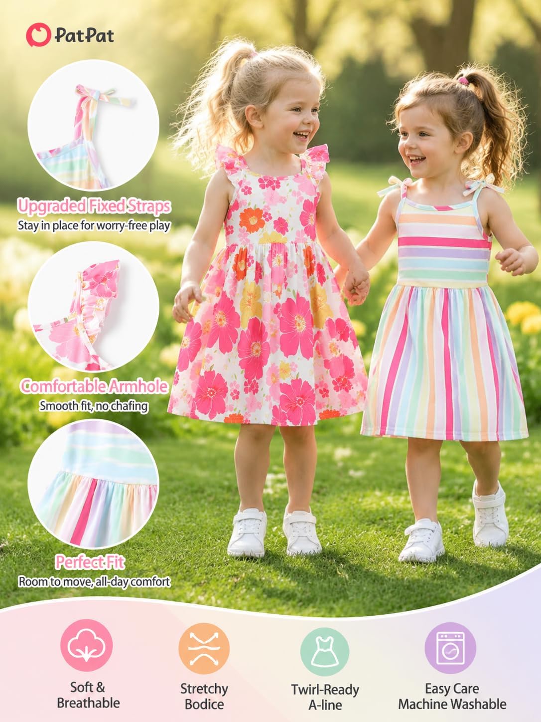 PATPAT Multipack Girl Toddler Dresses Sleeveless Flamingo Striped Toddler Casual Dresses Multicoloured