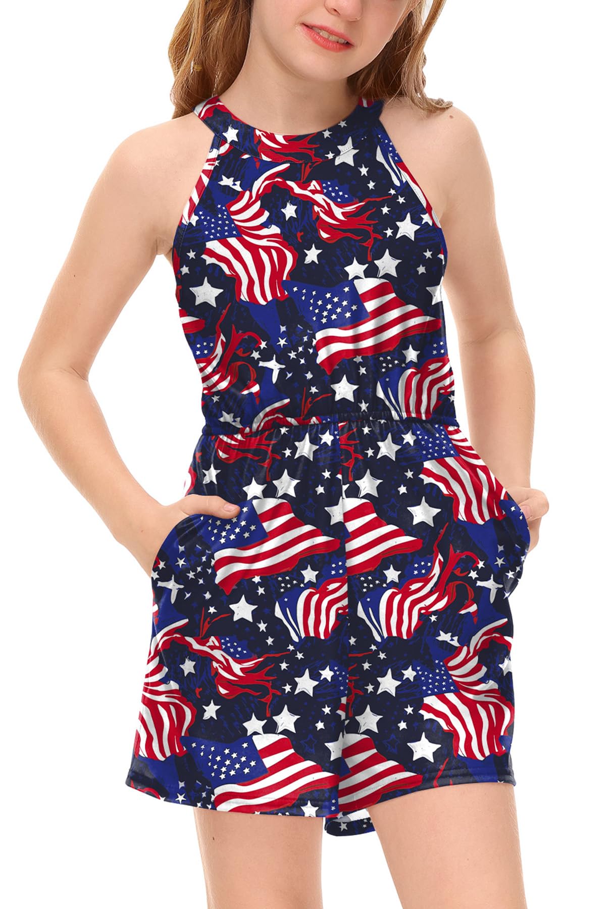 BesserBay Girls Summer Floral Halter Neck Jumpsuits Sleeveless Tropical Short Rompers with Pockets 5-14 Years