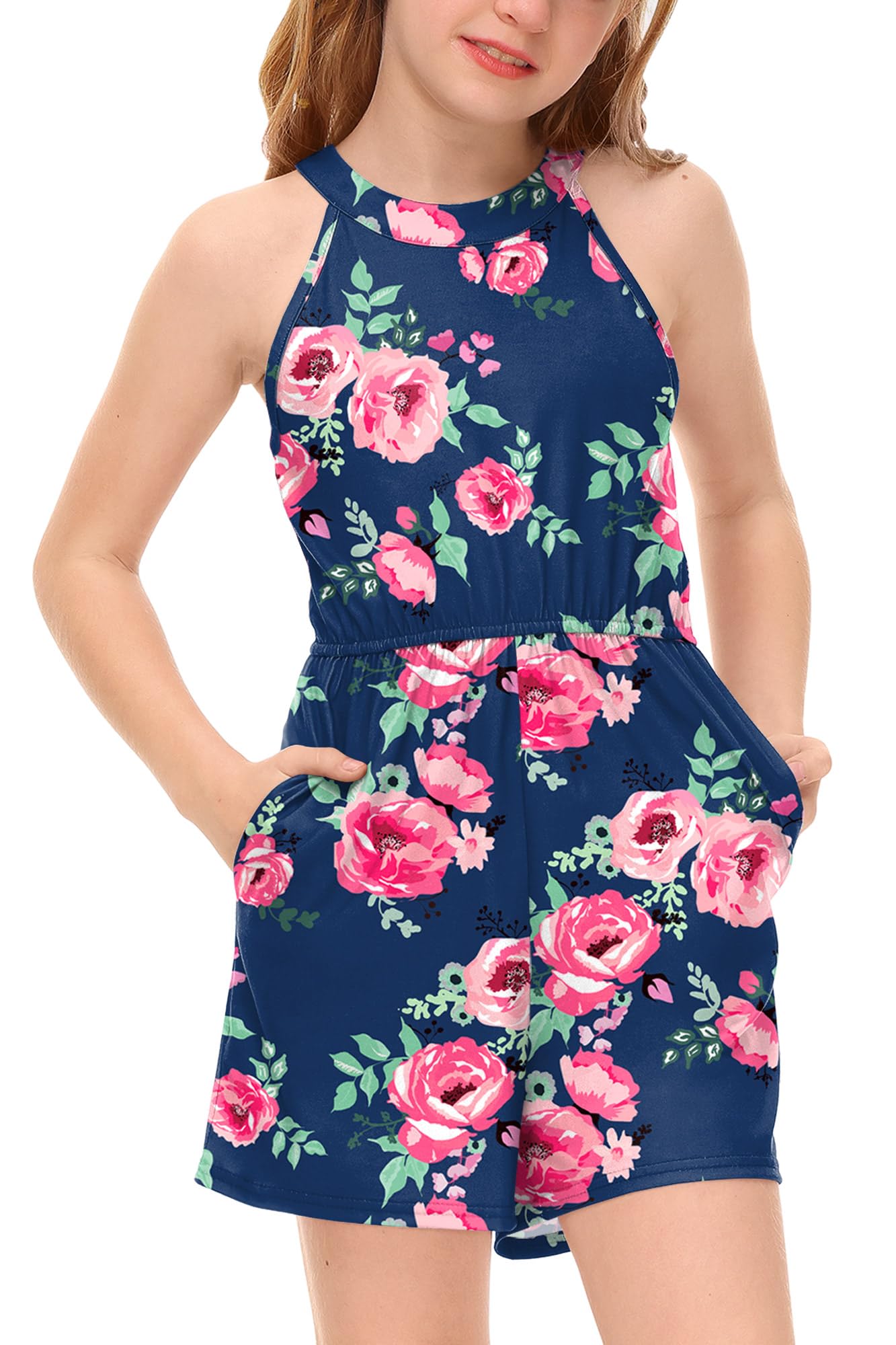 BesserBay Girls Summer Floral Halter Neck Jumpsuits Sleeveless Tropical Short Rompers with Pockets 5-14 Years