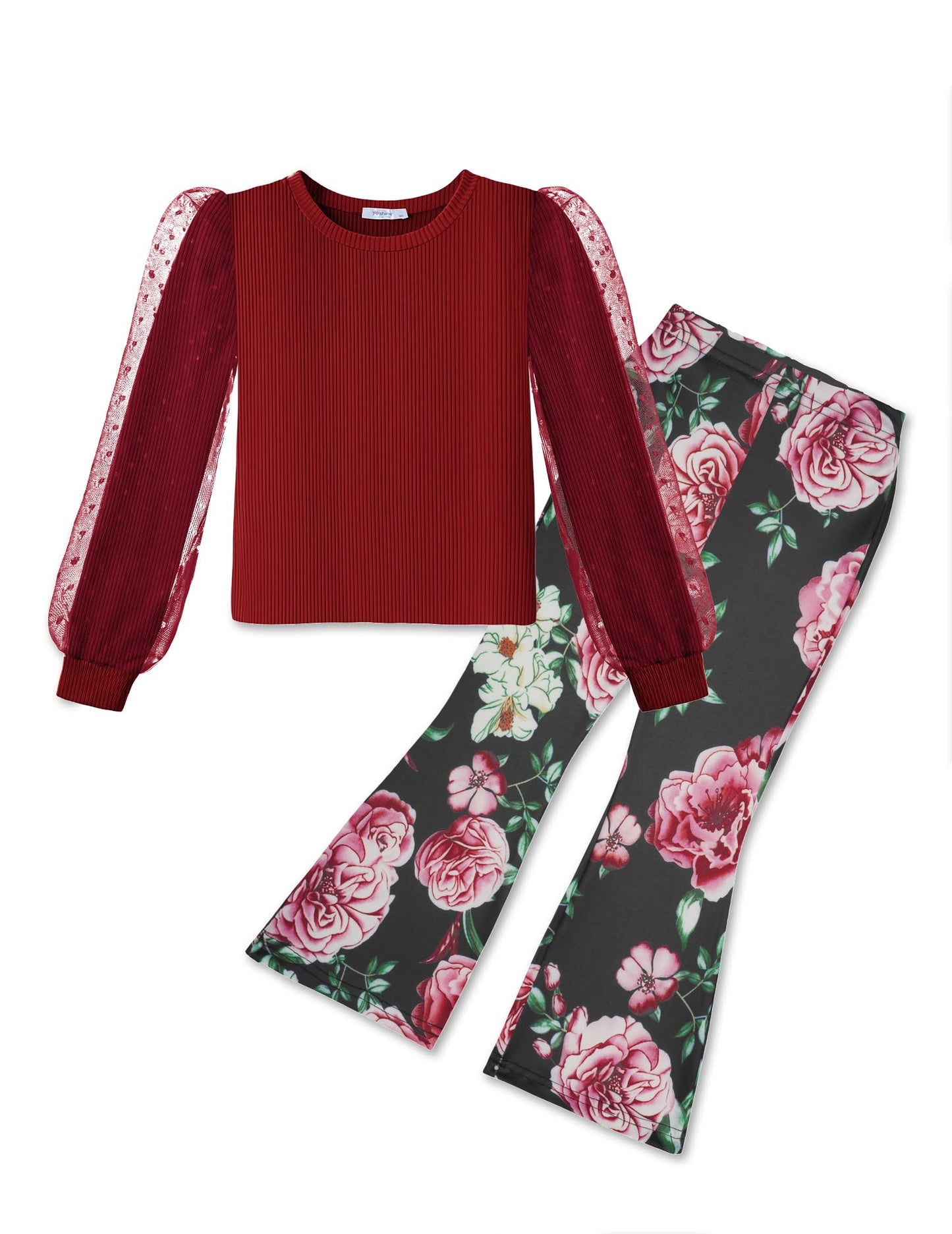 Arshiner Toddler Girls 2 Piece Outfits Fall Clothes Knit Tulle Puff Sleeves Top and Flare Pants Set for Girl 2-8Y