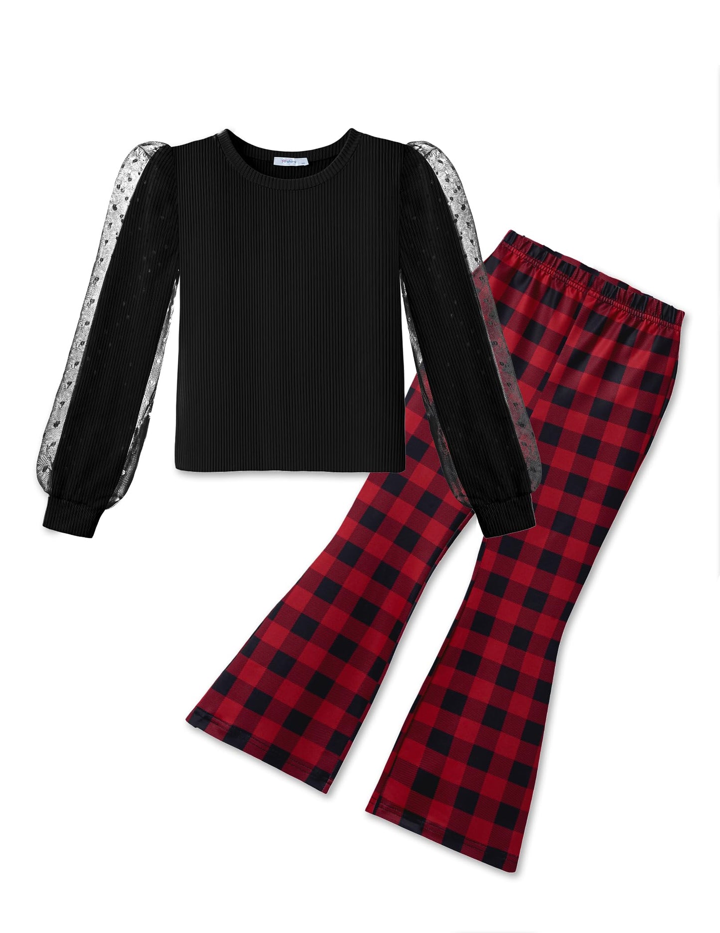 Arshiner Toddler Girls 2 Piece Outfits Fall Clothes Knit Tulle Puff Sleeves Top and Flare Pants Set for Girl 2-8Y