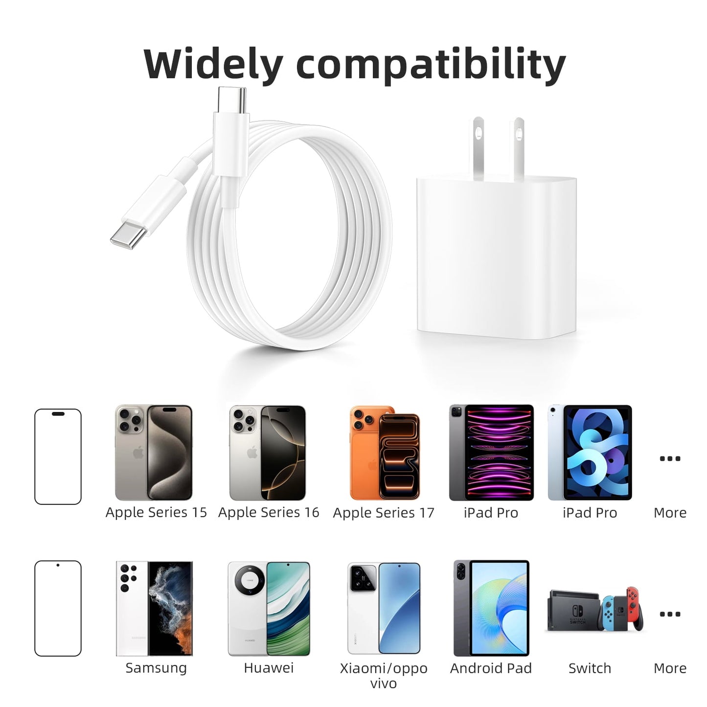 looyotul 20W USB C PD Fast Charger 2 Pack, Compact Type C Wall Charger Block,with 6ft USB C to C Cable for iPhone 15/16/17 Series, Samsung Galaxy, Google Pixel, iPad,Android (White)