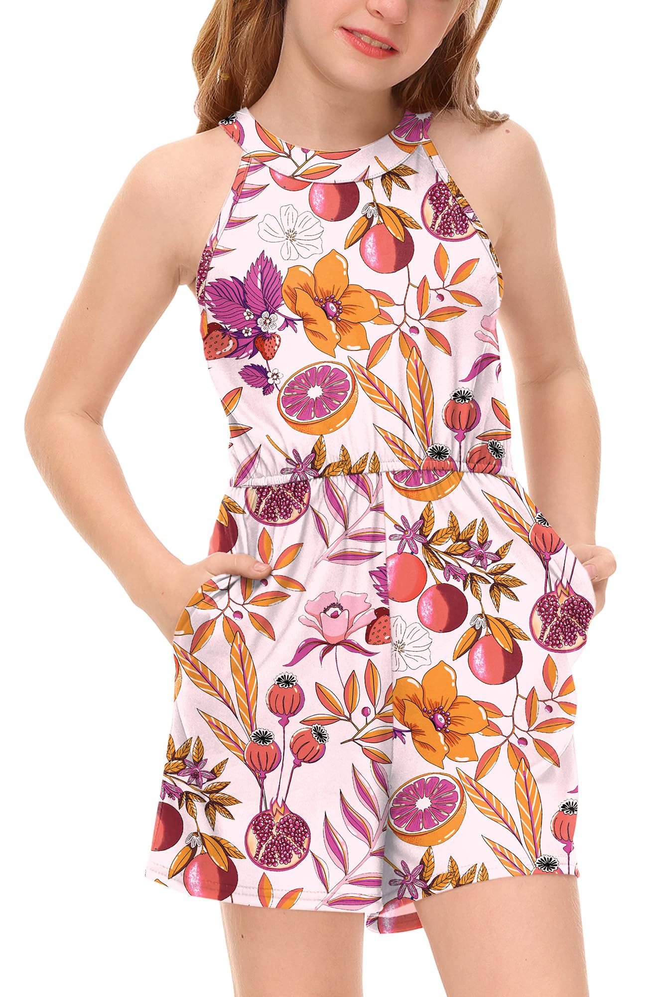 BesserBay Girls Summer Floral Halter Neck Jumpsuits Sleeveless Tropical Short Rompers with Pockets 5-14 Years
