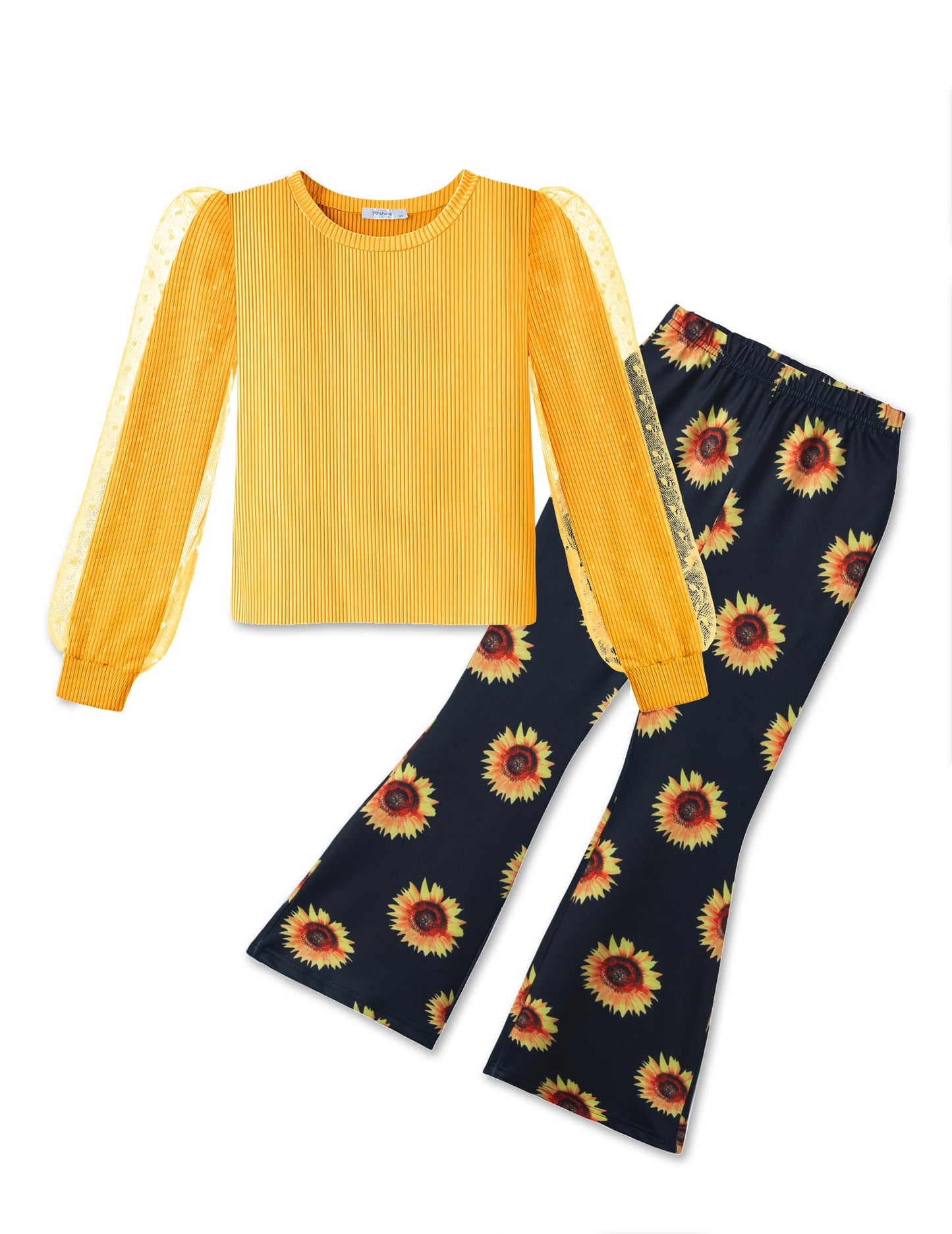 Arshiner Toddler Girls 2 Piece Outfits Fall Clothes Knit Tulle Puff Sleeves Top and Flare Pants Set for Girl 2-8Y