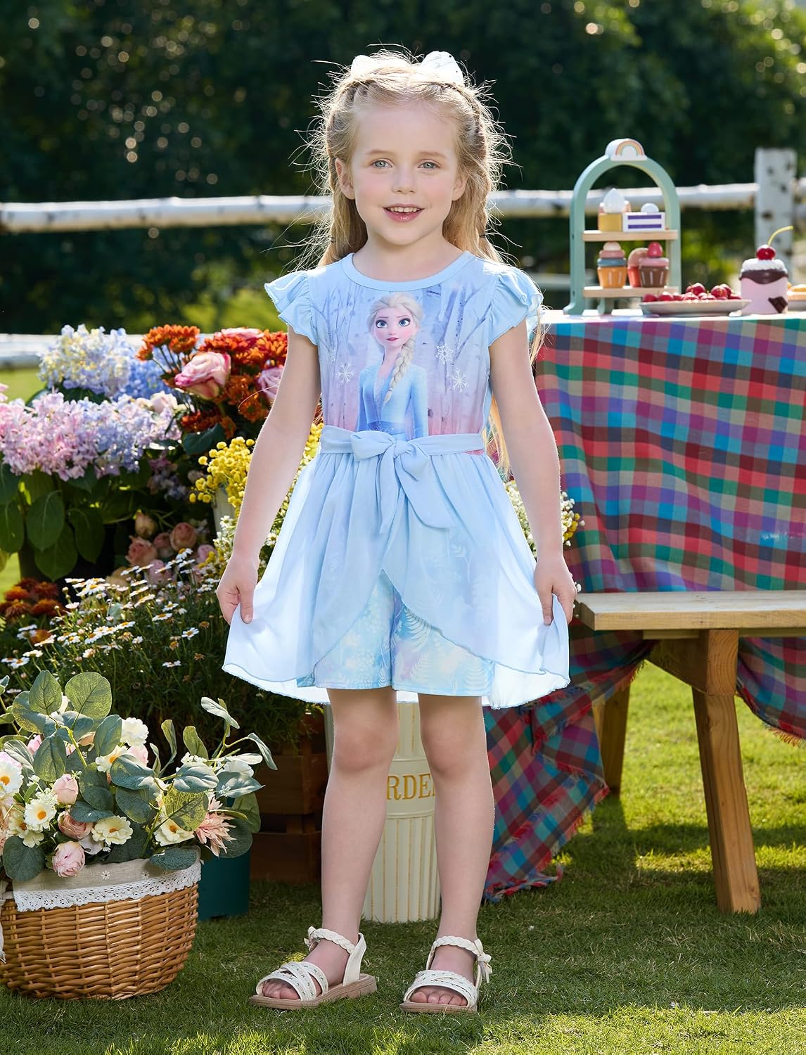Disney Princess Frozen Elsa Minnie Mouse Stitch Toddler Girl Romper With Skirt Overlay Summer Jumpsuit with Bow 2-6 Years