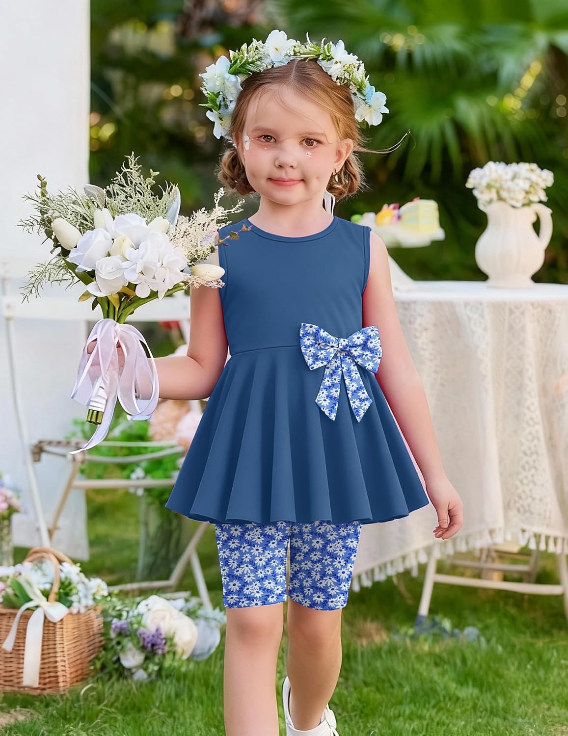 Arshiner Toddler Girl Clothes 2 Piece Bowknot Sleeveless Top Dress and Leggings Shorts Set Kids Summer Outfits