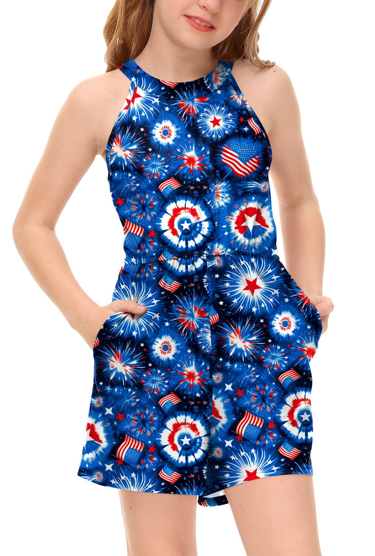 BesserBay Girls Summer Floral Halter Neck Jumpsuits Sleeveless Tropical Short Rompers with Pockets 5-14 Years
