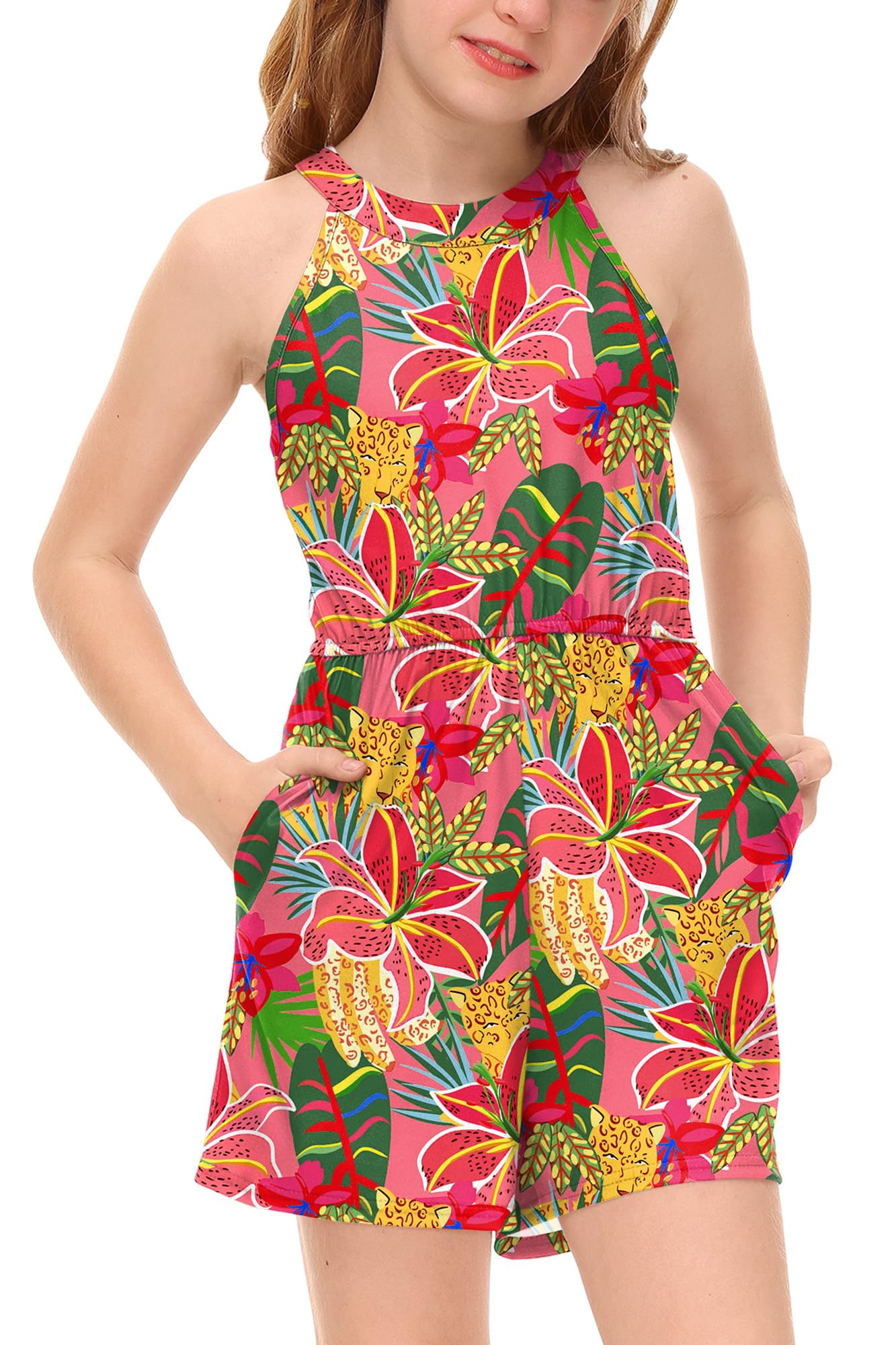 BesserBay Girls Summer Floral Halter Neck Jumpsuits Sleeveless Tropical Short Rompers with Pockets 5-14 Years