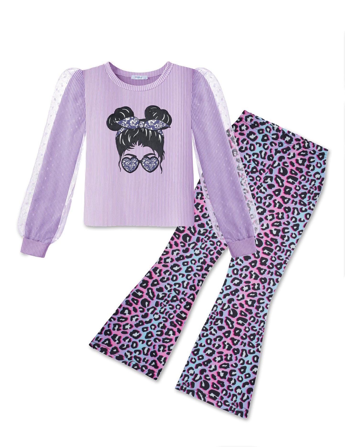 Arshiner Toddler Girls 2 Piece Outfits Fall Clothes Knit Tulle Puff Sleeves Top and Flare Pants Set for Girl 2-8Y