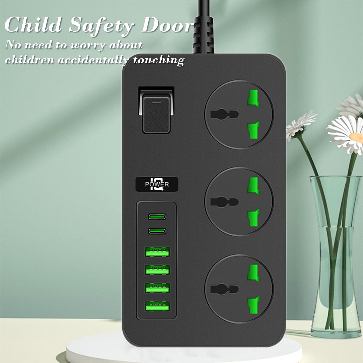 RKZDSR Surge Protector Power Strip with 3 Outlets & 6 USB Ports, 6.7x3.9x0.9in 3000W Extension Cord with On/Off Switches for Office & Dorm Room