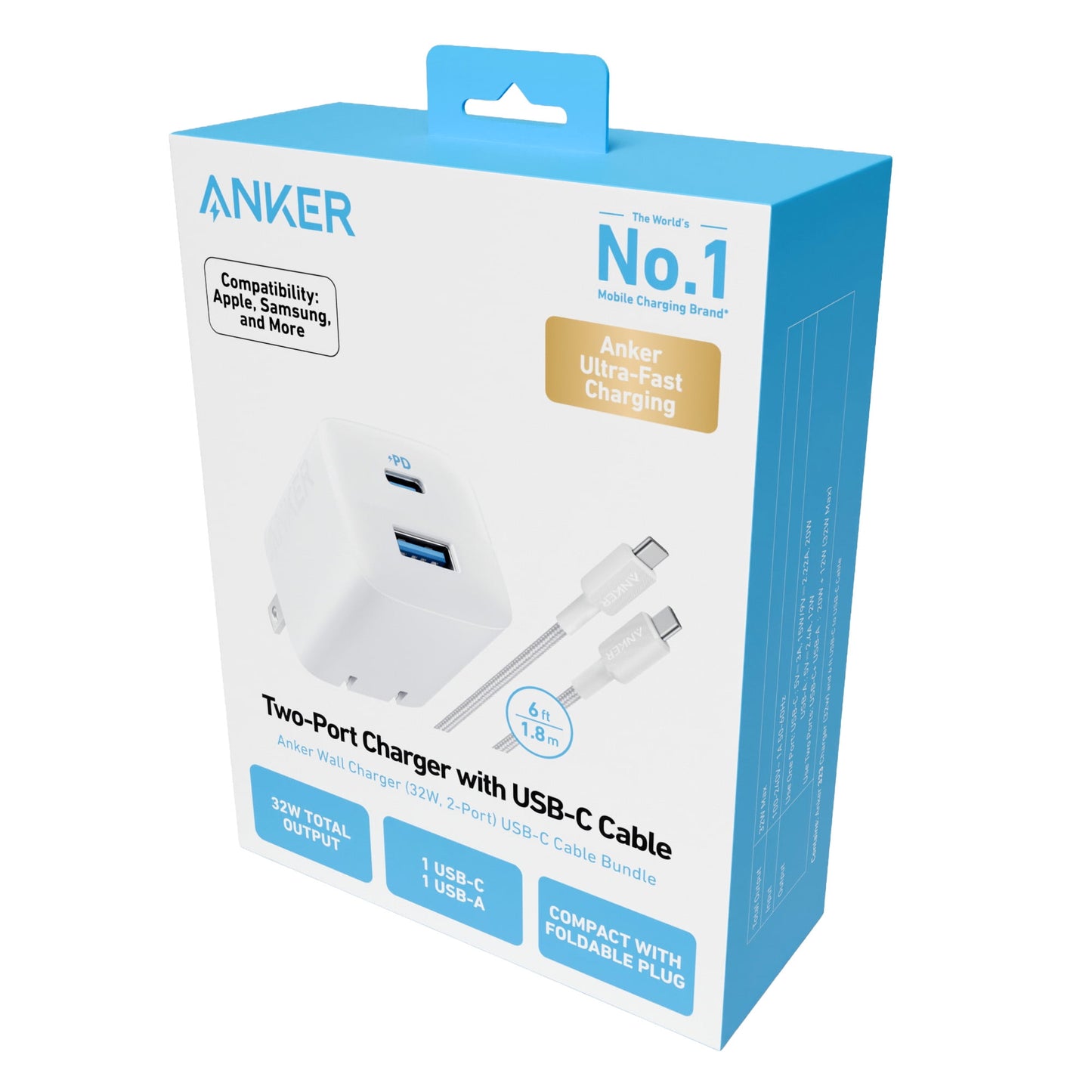 Anker 33W 2-Port Wall Charger with USB-C to USB-C Cable, 6 ft, White