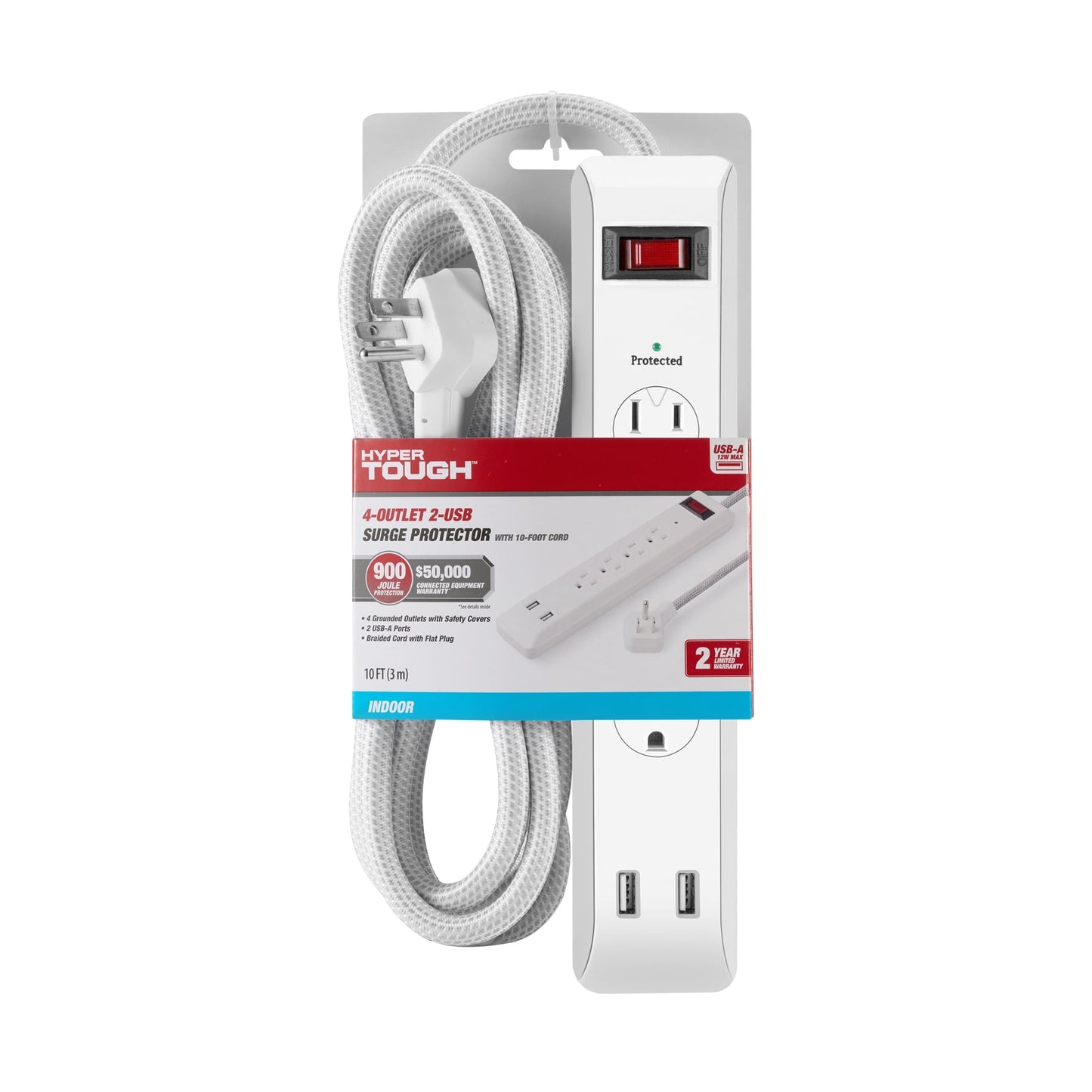 Hyper Tough Surge Protector Power Strip with USB, 4 Outlets, 10 ft Braided Extension Cord, White