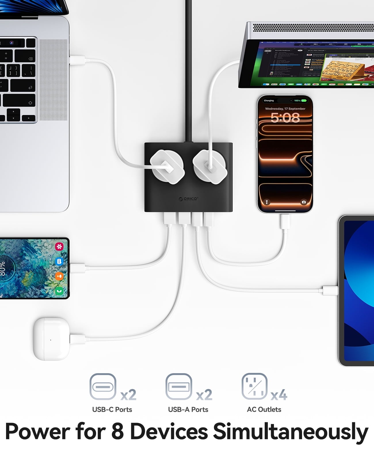 ORICO Power Brick, 25W GaN Power Strip, 8 in 1 Extension Cord with 4 AC Outlets and 2 USB-A and 2 USB-C Ports, 5ft Flat Plug White Outlet Extender for Home/Dorm/Travel-Black (1 PCS)