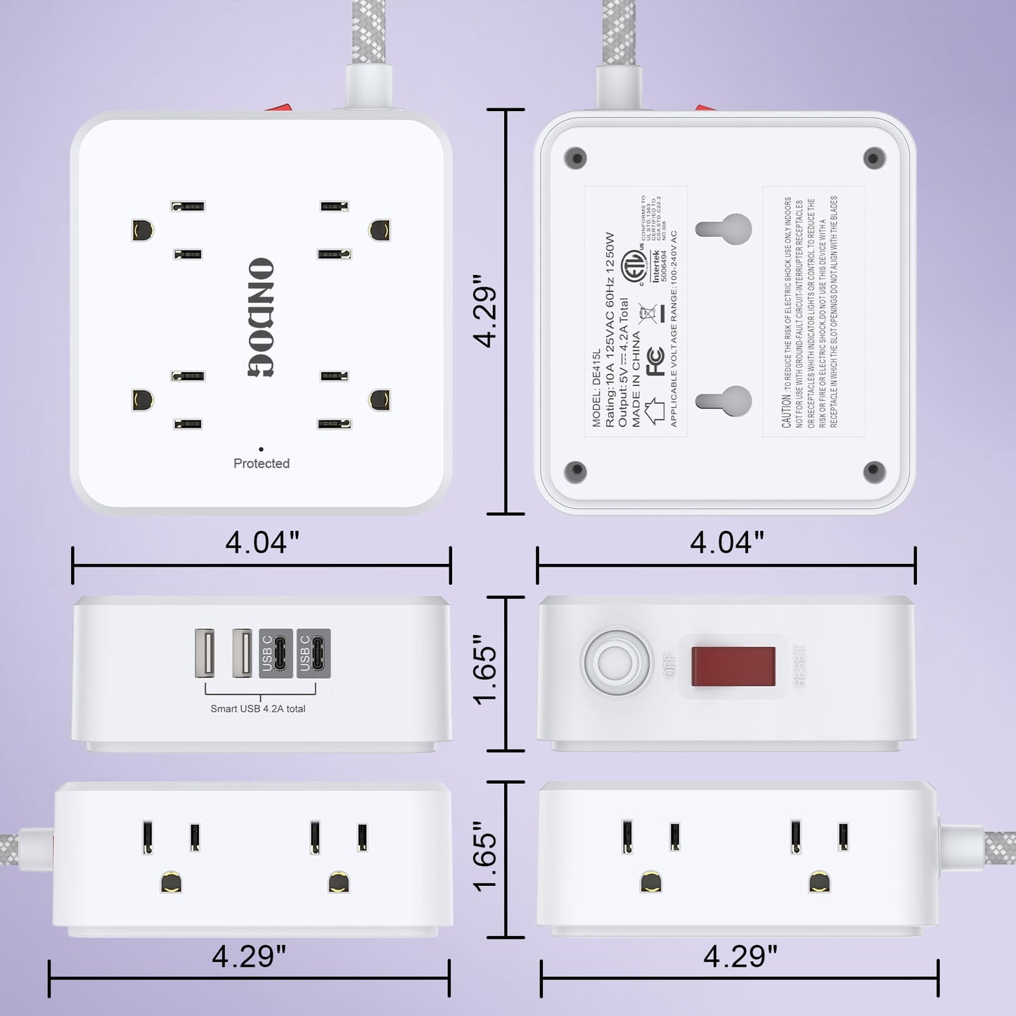Surge Protector Power Strip - 5ft Braided Extension Cord with 8 Outlets and 4 USB (2 USB C), Flat Wall Plug for Home Office, White