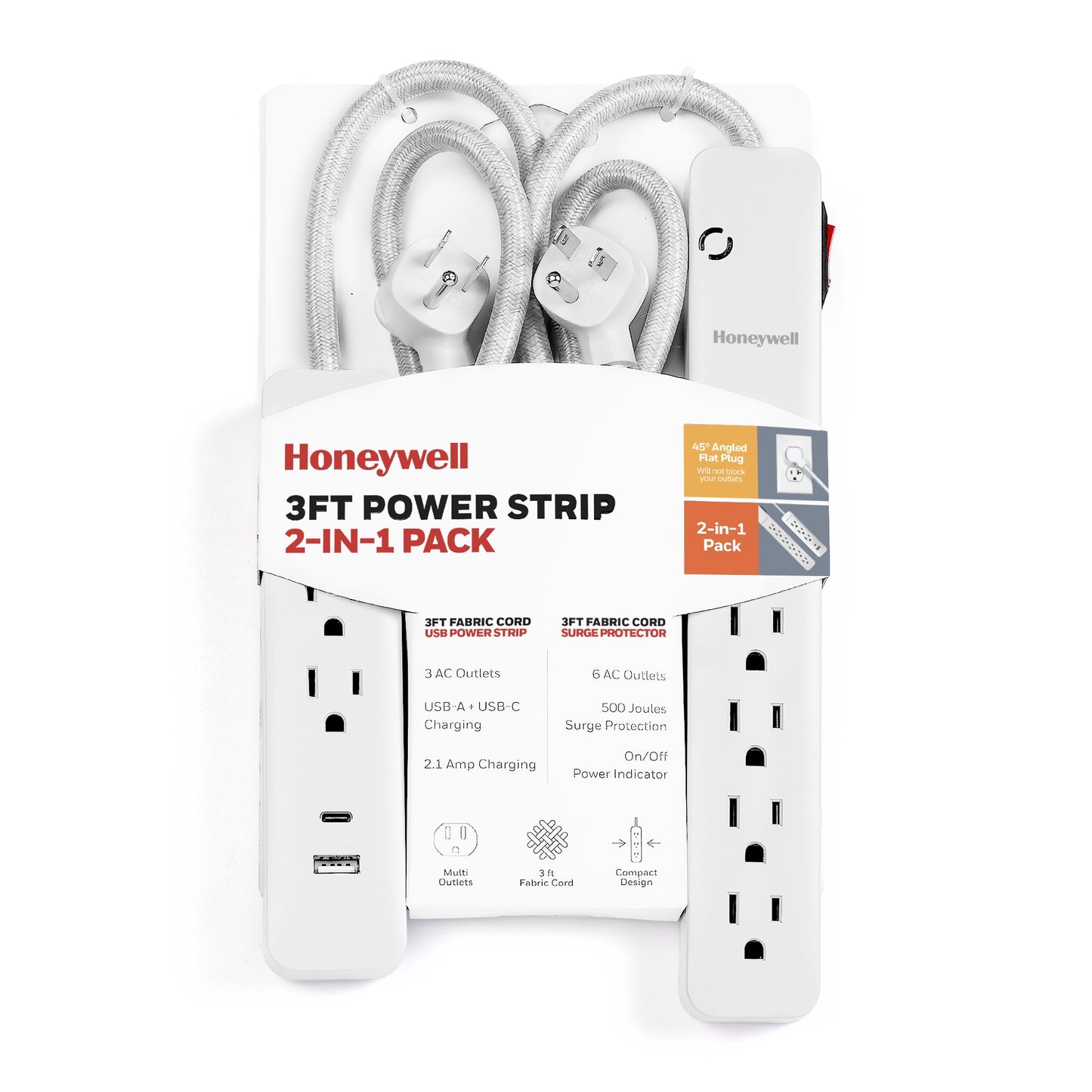 Honeywell 2-in-1 Pack Power Strips - 6 AC Outlets Surge + 3 AC 2 USB Strip (1 USB-A + 1 USB-C 2.1A) - Pink