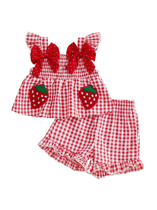 Loicainy Toddler Baby Girl Summer Outfit 6 9 12 18 24 Months 2T 3T Strawberry Embroidered Plaid Bows Ruffled Trim Tank Tops and Shorts 2 Pcs Clothes Set