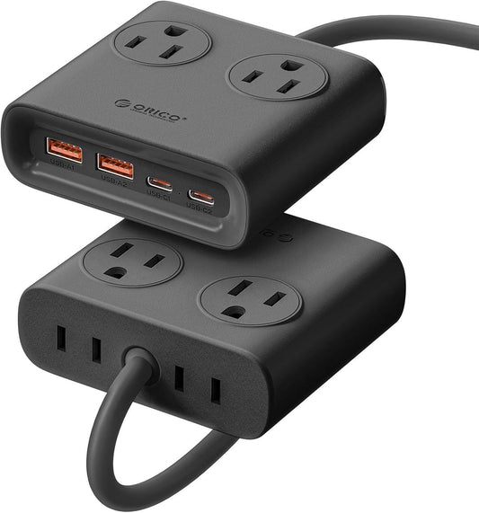 ORICO Power Brick, 25W GaN Power Strip, 8 in 1 Extension Cord with 4 AC Outlets and 2 USB-A and 2 USB-C Ports, 5ft Flat Plug White Outlet Extender for Home/Dorm/Travel-Black (1 PCS)