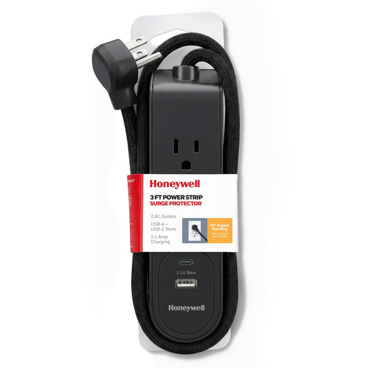 Honeywell 3 ft. Fabric Power Strip with 2 AC & 2 USB Ports (2.1A), 45° Angled Flat Plug (Black/Black)