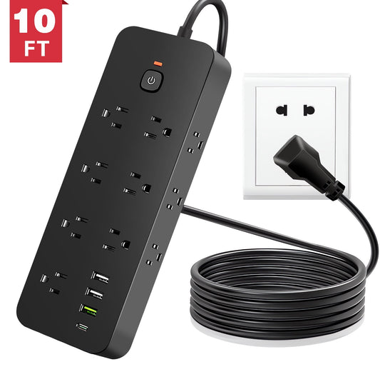 Power Strip Surge Protector, Meromore Flat Plug Extension Cord 10FT with 13 Outlets 4 USB Charger, 1875J Protection Multiple Outlets Charging Station for Home, Office, College Dorm Room