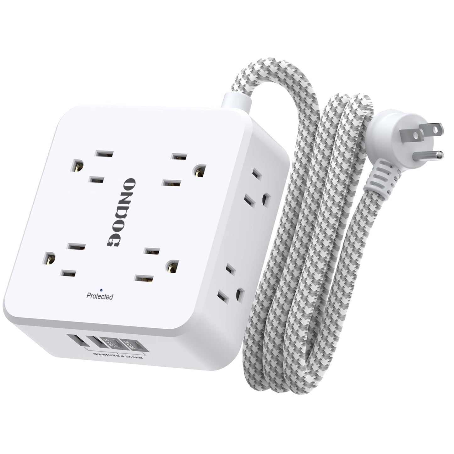 Surge Protector Power Strip - 5ft Braided Extension Cord with 8 Outlets and 4 USB (2 USB C), Flat Wall Plug for Home Office, White