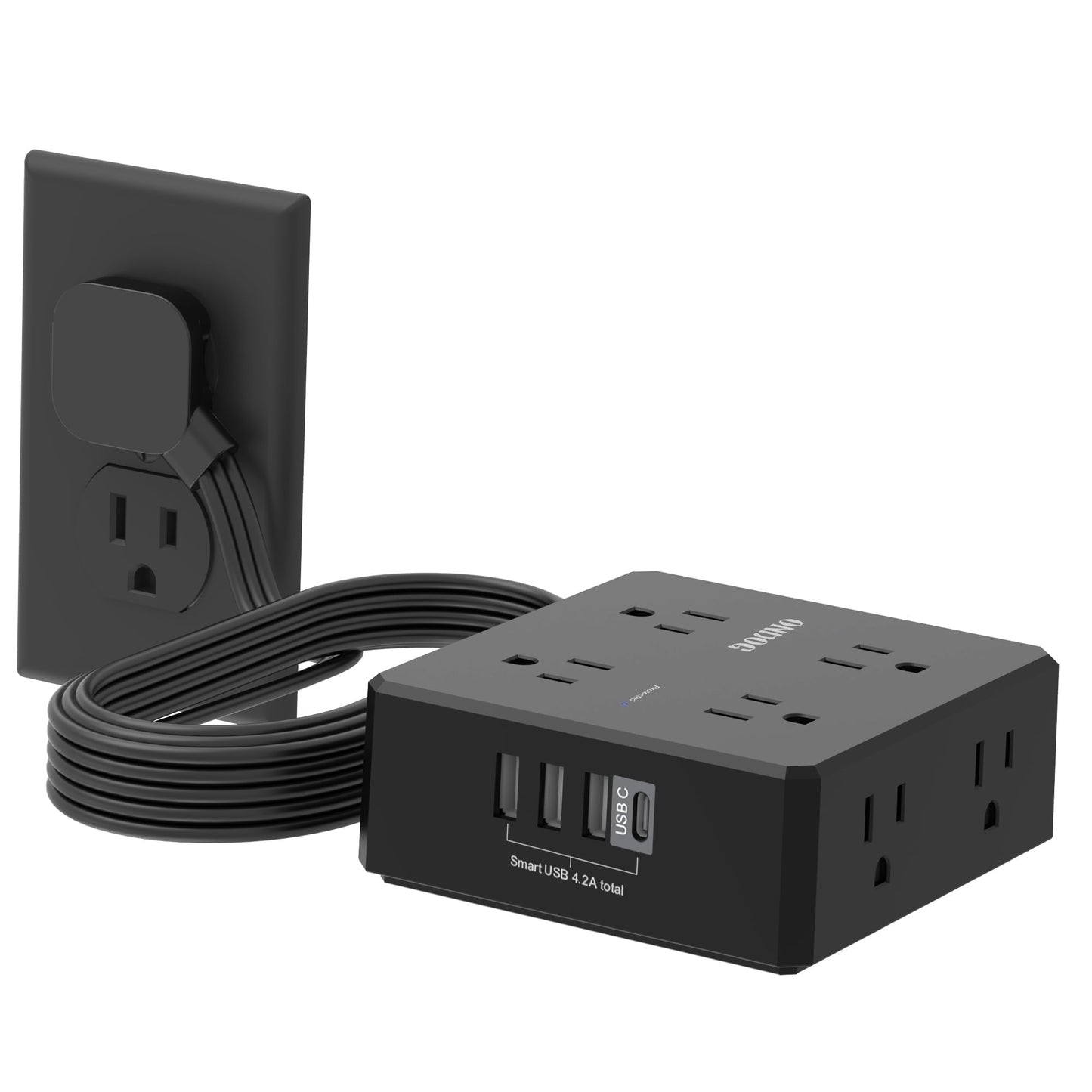 6ft Flat Plug Power Strip - 8 Outlets and 4 USB Ports (1 USB C), Extension Cord for Home Office, Etl