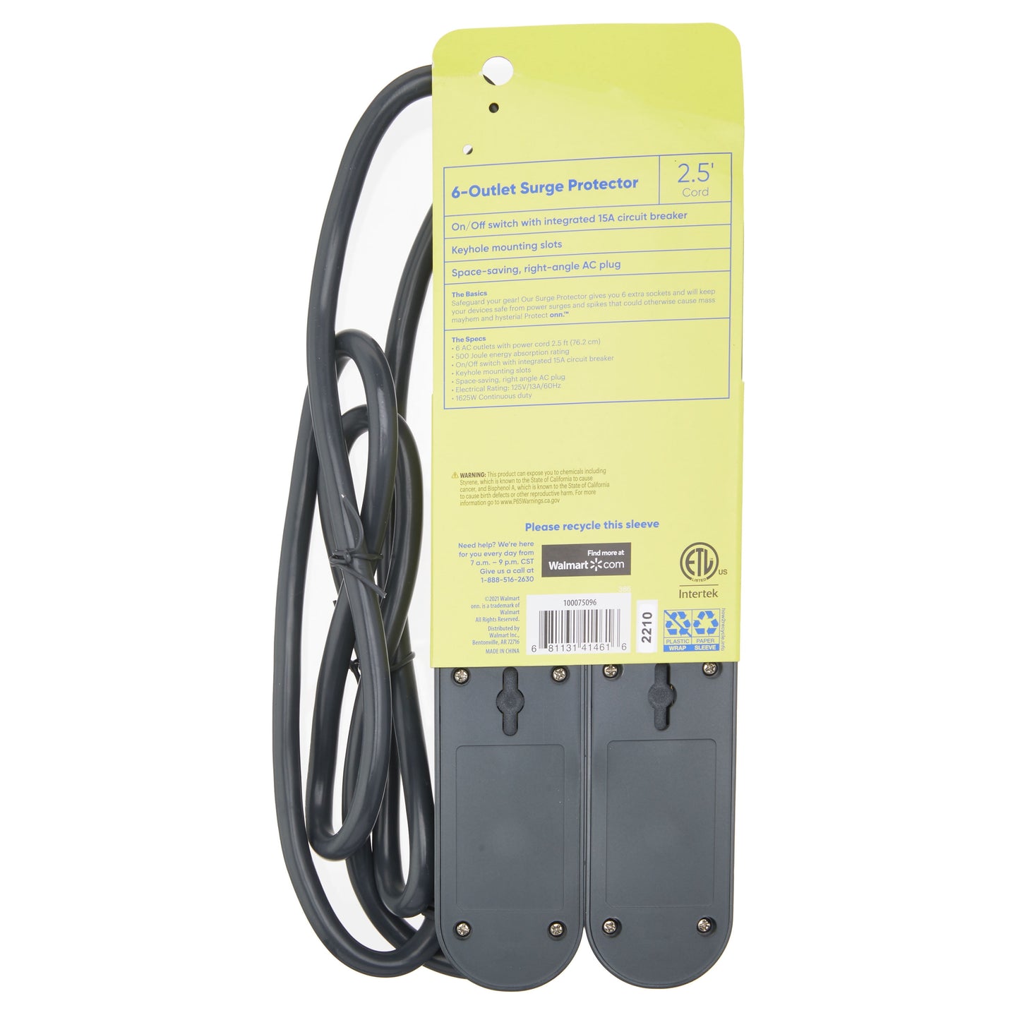 onn 6-Outlet Surge Protectors with 2.5' Power Cords, Gray, 2 Count