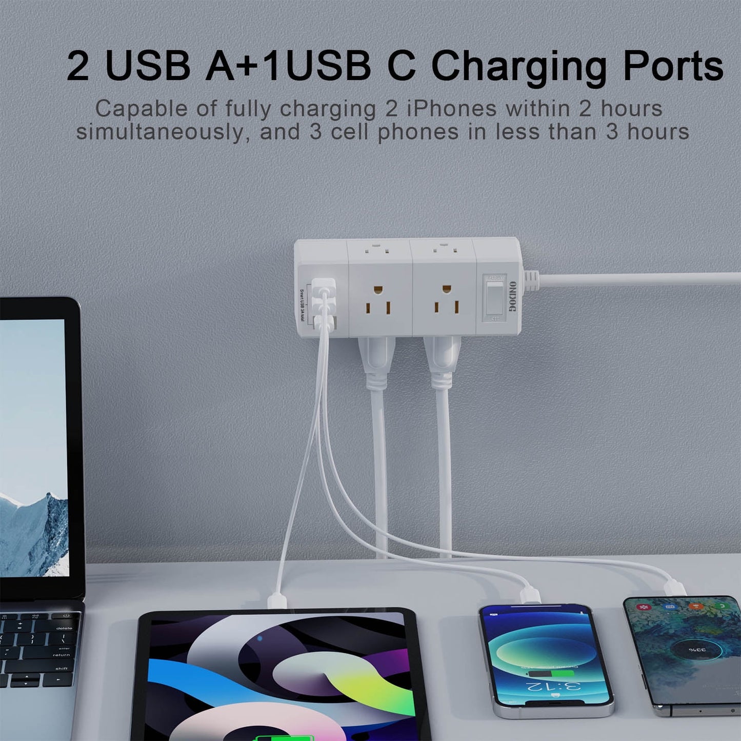 5ft Surge Protector Power Strip - 6 Outlets and 3USB Ports (1 USB C), 3-Sided Outlet Extender for Home, Office, ETL