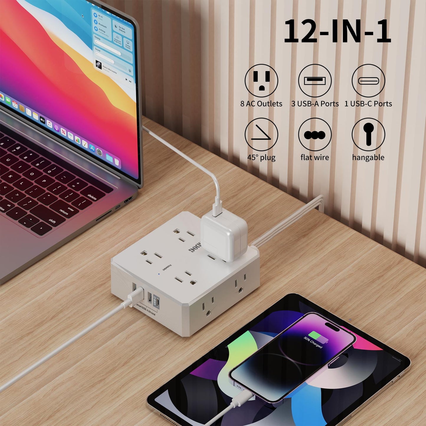 6ft Flat Plug Power Strip - 8 Outlets and 4 USB Ports (1 USB C), Extension Cord for Home Office, Etl