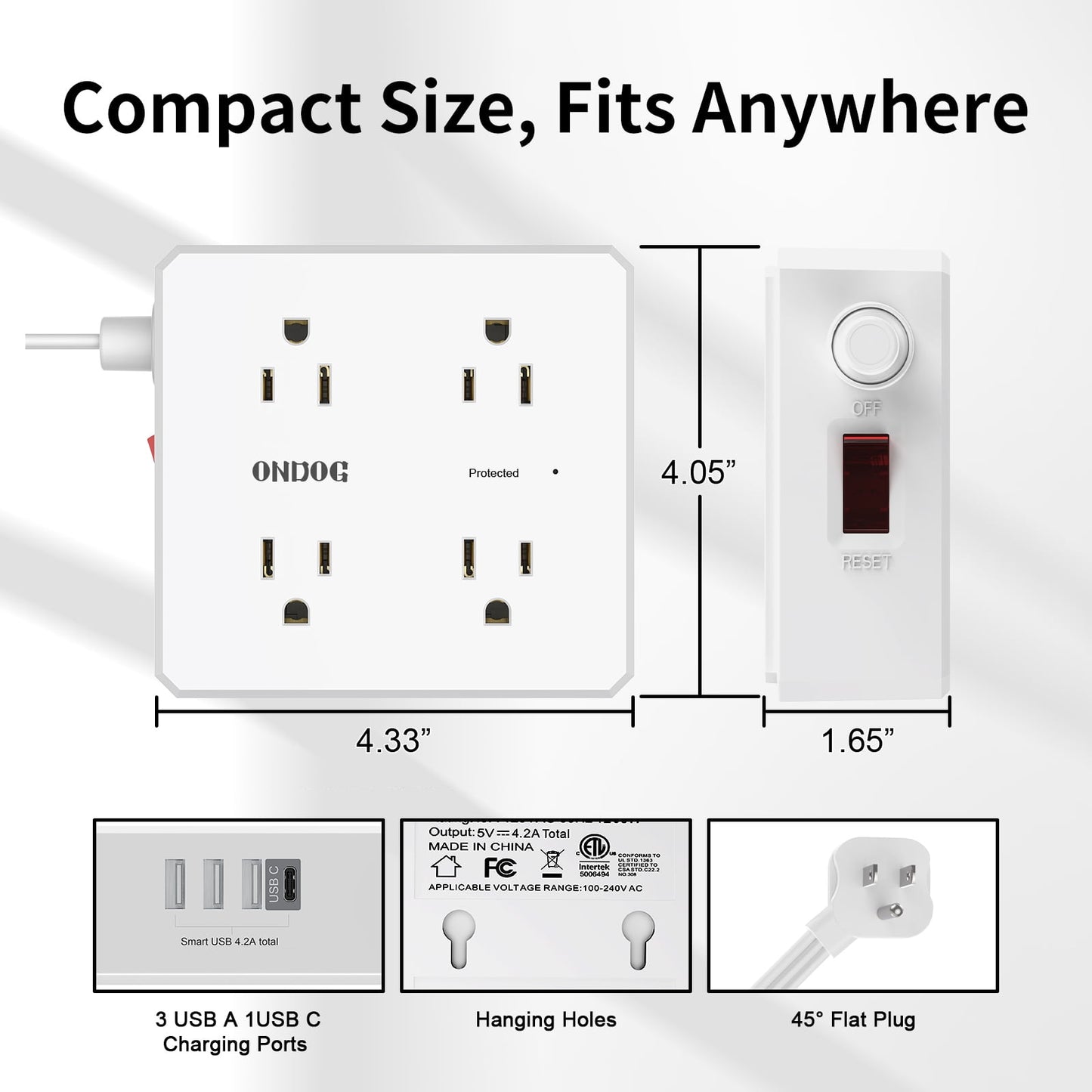 6ft Flat Plug Power Strip - 8 Outlets and 4 USB Ports (1 USB C), Extension Cord for Home Office, Etl