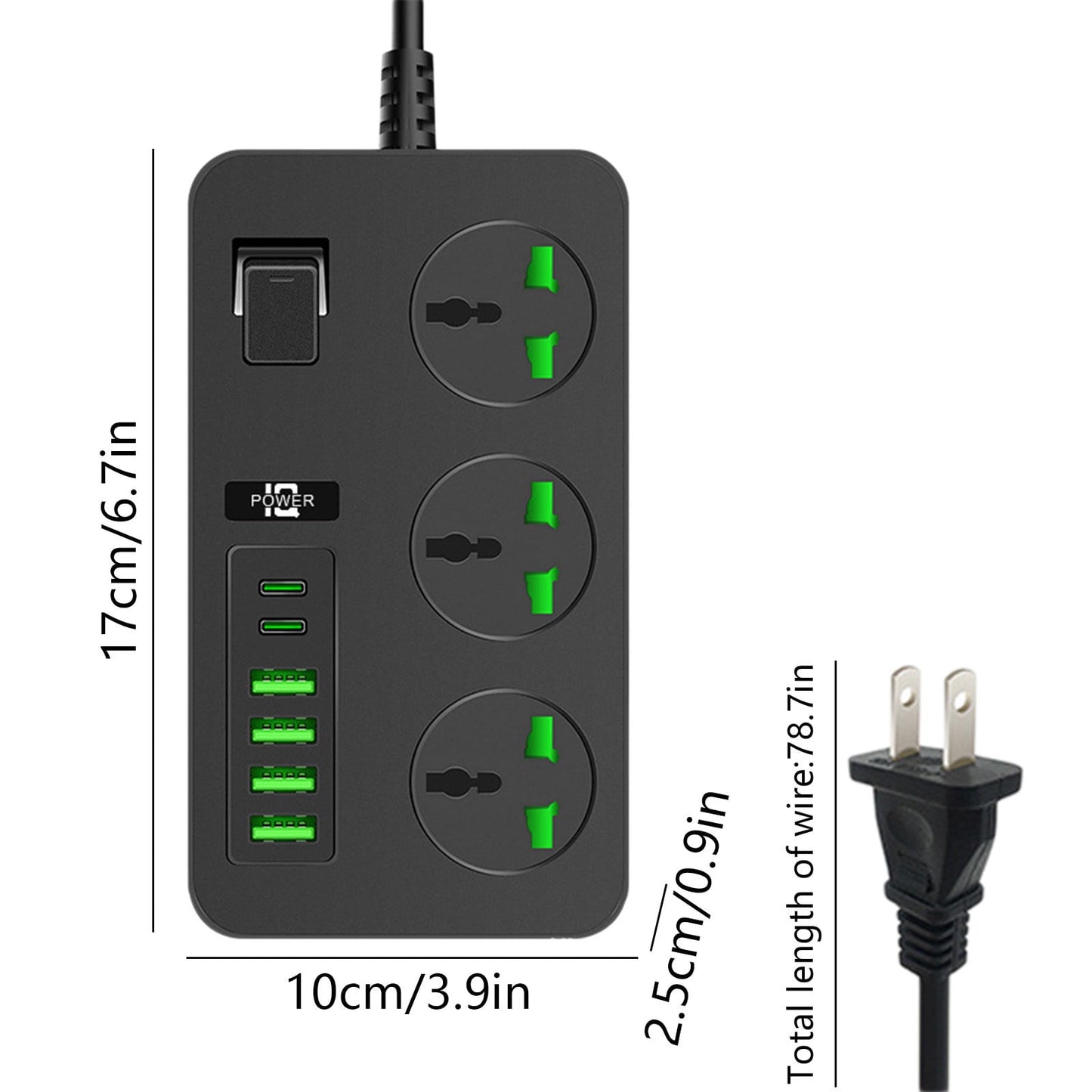 RKZDSR Surge Protector Power Strip with 3 Outlets & 6 USB Ports, 6.7x3.9x0.9in 3000W Extension Cord with On/Off Switches for Office & Dorm Room