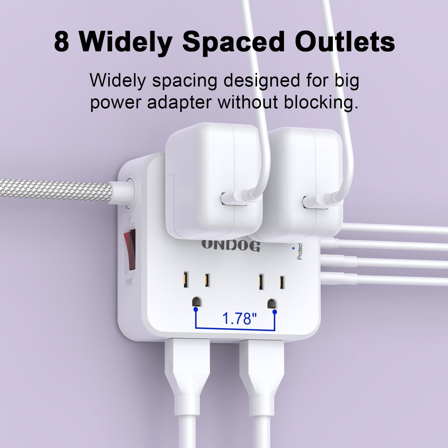 Surge Protector Power Strip - 5ft Braided Extension Cord with 8 Outlets and 4 USB (2 USB C), Flat Wall Plug for Home Office, White