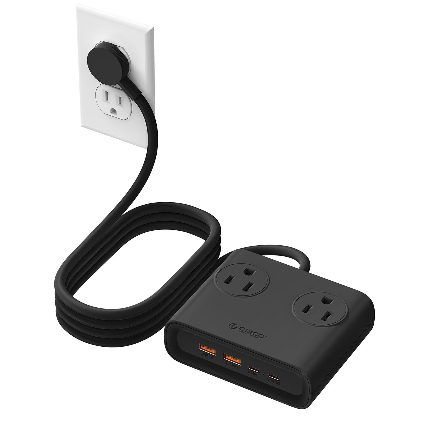 ORICO Power Brick, 25W GaN Power Strip, 8 in 1 Extension Cord with 4 AC Outlets and 2 USB-A and 2 USB-C Ports, 5ft Flat Plug White Outlet Extender for Home/Dorm/Travel-Black (1 PCS)